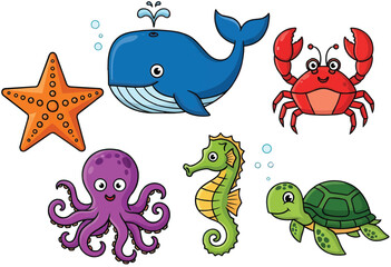 Fototapeta premium Cute Cartoon Sea Animal Collection with Whale Octopus Crab Turtle Starfish and Seahorse on a transparent background
