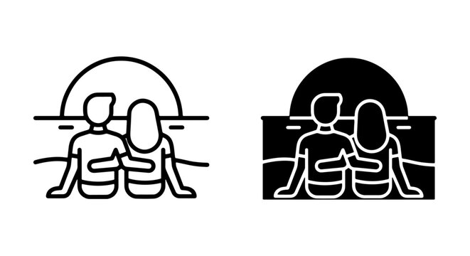 Couple Embracing Sunset Beach Icon Set, Romantic Seaside Silhouette, Love Vacation Vector Art
