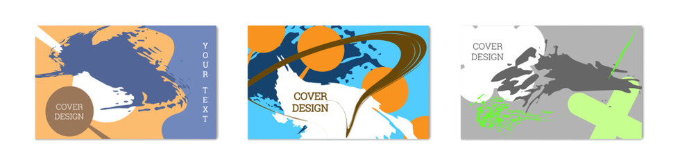 Naklejka premium Paint strokes and geometric elements. Set of 3 multi-colored backgrounds. Notebook or notebook cover design. Unusual creative background.