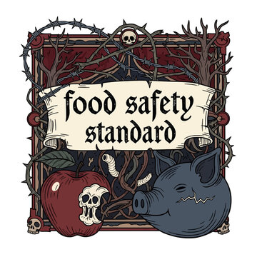 Gothic Food Safety Standard Illustration with Barbed Wire Frame, Skull Apple, and Pig Head