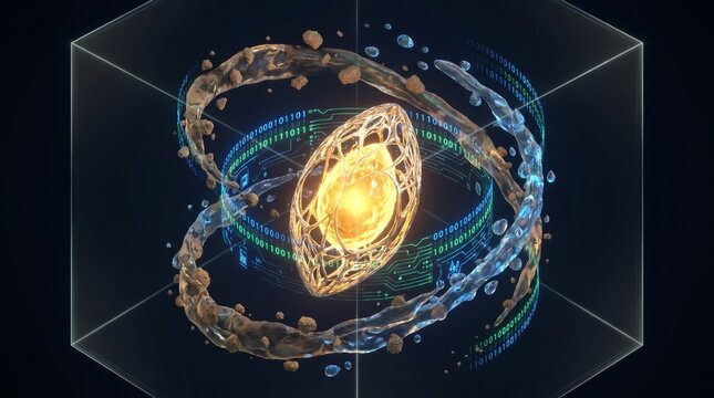 Abstract glowing core with swirling liquid and energy rings within a hexagonal prism, representing a complex scientific or energetic concept.