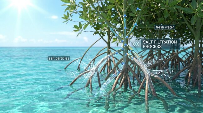 Detailed diagram illustrating the natural salt filtration process performed by mangrove trees in their aquatic environment, showing salt particles and fresh water.