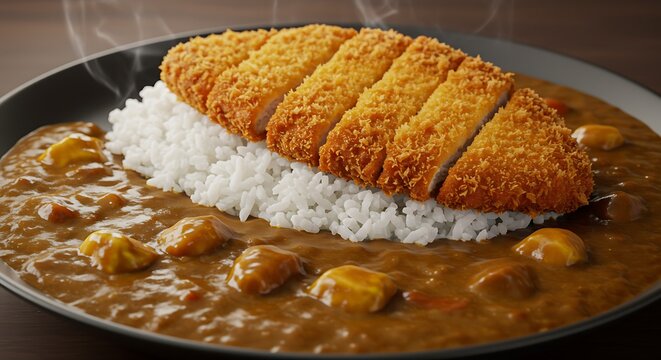 Delicioso arroz com curry japon&ecirc;s e frango frito em um prato (foto de est&uacute;dio)