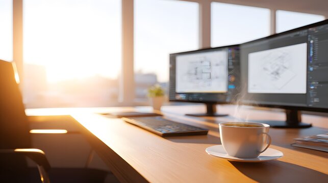 Workspace with two monitors showing designs and a coffee cup
