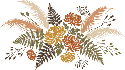 Boho autumn flower bouquet with ferns and pampas grass arrangement botanical decoration isolated background seasonal celebration greeting invitation chrysanthemum illustration © MST SUMAIYA