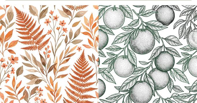 Vintage Floral and Citrus Seamless Pattern Bundle Vector with Watercolor Autumn Fern Leaves and Hand Drawn Engraved Orange Fruits for Fabric Wallpaper Designs