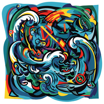 Vibrant abstract WPAP pop art illustration depicting a dynamic ocean scene with marine life, powerful waves, and geometric elements.