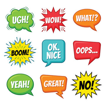 collection of colorful comic speech bubbles with various expressions and exclamations vector illustration