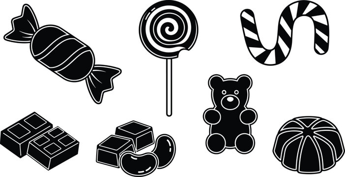Candy and Sweets Icon Set with Wrapped Candy, Lollipop, Candy Cane, Chocolate Pieces, Jelly Beans, Gummy Bear, and Hard Candy for Confectionery, Dessert, and Sweet Treat Design Projects