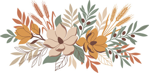 Boho autumn floral arrangement with wheat stalks and leaves arrangement botanical decoration isolated background seasonal celebration greeting invitation eucalyptus illustration © MST SUMAIYA