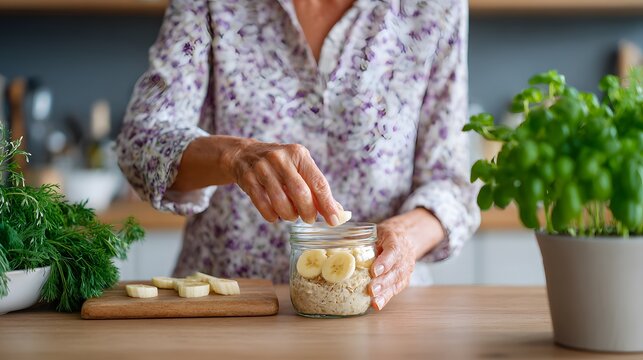 Woman arranges sliced banana in a jar filled with oats on a kitchen counter