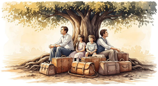 Watercolor painting shows family travel, sitting under tree with luggage. Adults, children depict family travel, rendered in warm artistic tones. Evocative family travel concept for migration.
