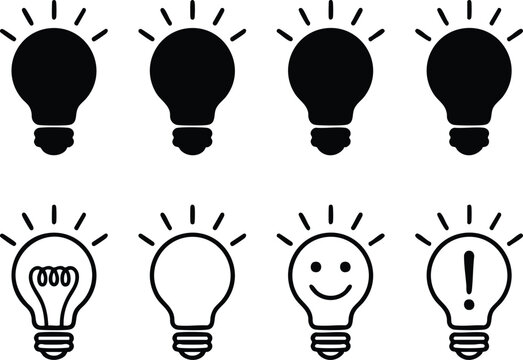 Set of eight black and white light bulb with different expressions