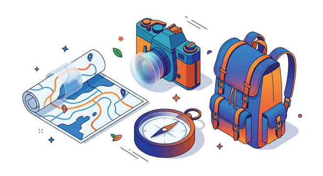 Travel navigation isometric icon set with road map backpack camera and compass vector.