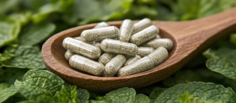 A wooden spoon filled with capsules surrounded by green leaves on a natural background