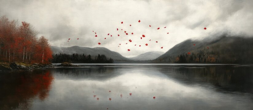 A serene lake scene with vibrant red leaves and a flock of birds flying over the water surrounded by mountains on a cloudy day.