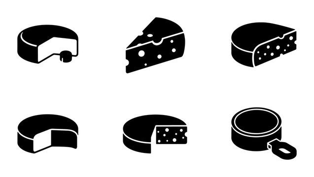 Set of Six Cheese Icons, Dairy Food Vector Graphics, Delicious Cheese Slices and Wheels, Food Icons for Menus and Recipes
