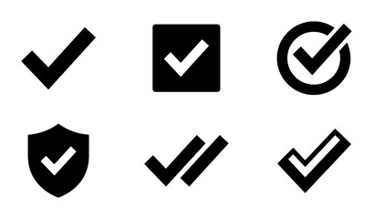 Set of 6 Black Check Mark Icons, Vector Graphics for Approval, Success, Confirmation, Verification, and Agreement © Rabiya