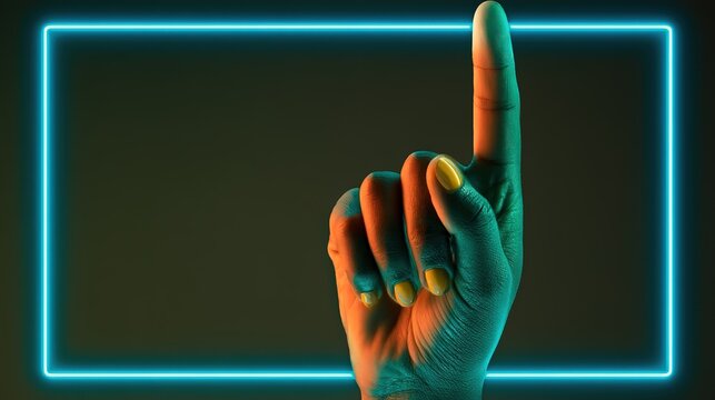 Pointing Index Finger with Yellow Manicured Nails, Neon Blue Square Frame, Cyberpunk Split Tone Lighting, Dark Background with Copy Space, Interactive Digital Gesture