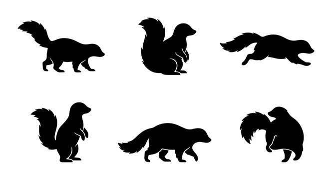 Black Silhouette Vector Icons of Skunks and Squirrels, Diverse Poses, Wildlife Animal Graphics