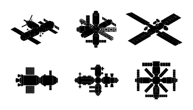 Space Station Silhouettes, Orbital Modules Collection, Satellite Icons, Cosmic Architecture Vector Set
