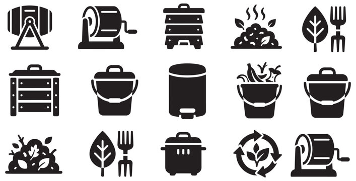 Collection of composting and recycling equipment icons for environmental sustainability on transparent background