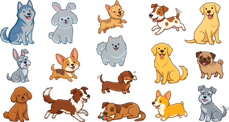 Fototapeta premium Cute Dog Breed Character Set - Various Puppies in Playful Poses