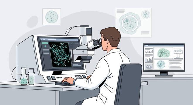Scientist analyzing microscopic sample on computer screen in laboratory