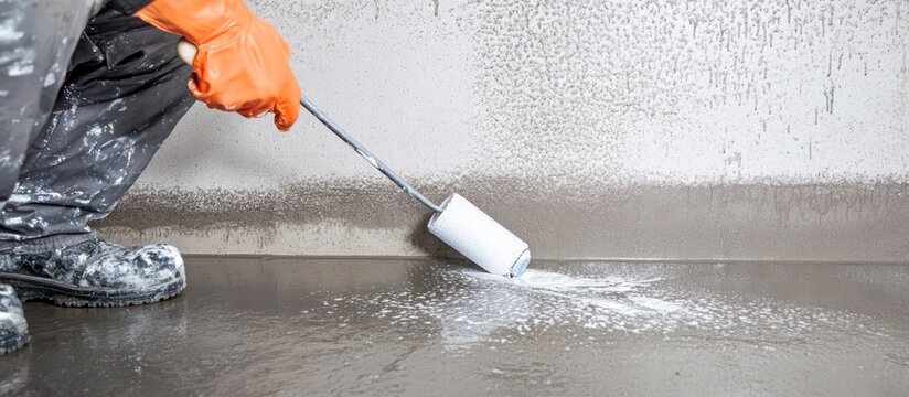 A person applying white paint to a concrete floor with a roller