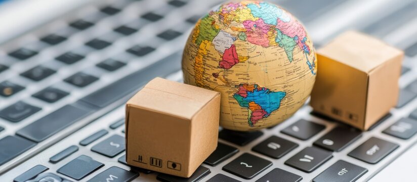 Navigating global e-commerce logistics with boxes and globe on laptop keyboard