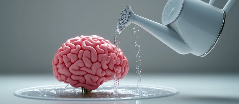 A human brain grows from a flower watering can on a plate.