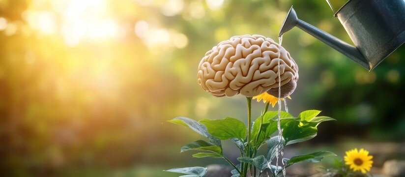 A brain grows from a flower as a watering can pours water on it in a garden.