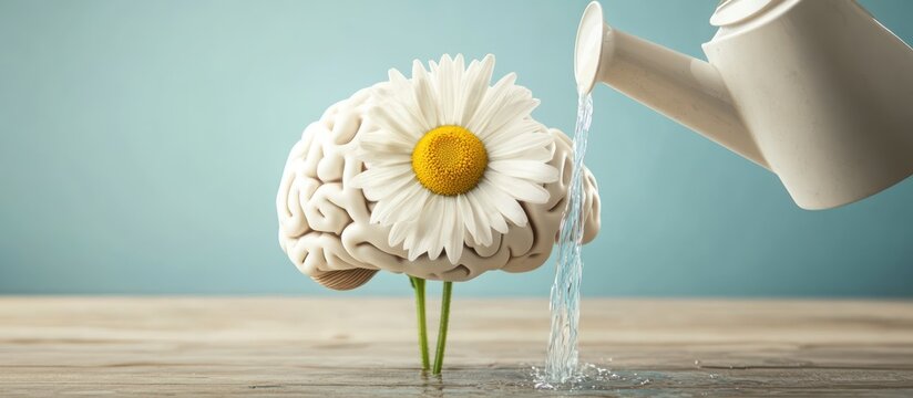 A human brain growing from a flower being watered by a can.