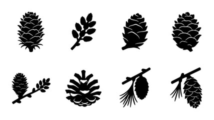 Set of 8 Black Pine Cone and Twig Icons, Nature Elements Vector Graphics, Forest Flora Symbols for Design © Masud