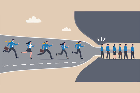 Bottleneck make business run slow, struggle workflow or busy point make project delay, traffic jam or trouble flow concept, business people run on wide road to reach narrow slow bottleneck