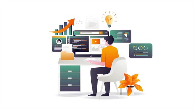 Full-Stack Web Development and Business Growth Animation: Developer at Desk with Coding, Analytics, and Creative Idea Icons, Seamless Loop for IT and Digital Marketing.