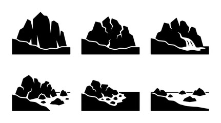 Rocky Coastline Icons, Mountain Landscape Silhouettes, Coastal Scenery Vector Set, Nature Elements Collection © Masud