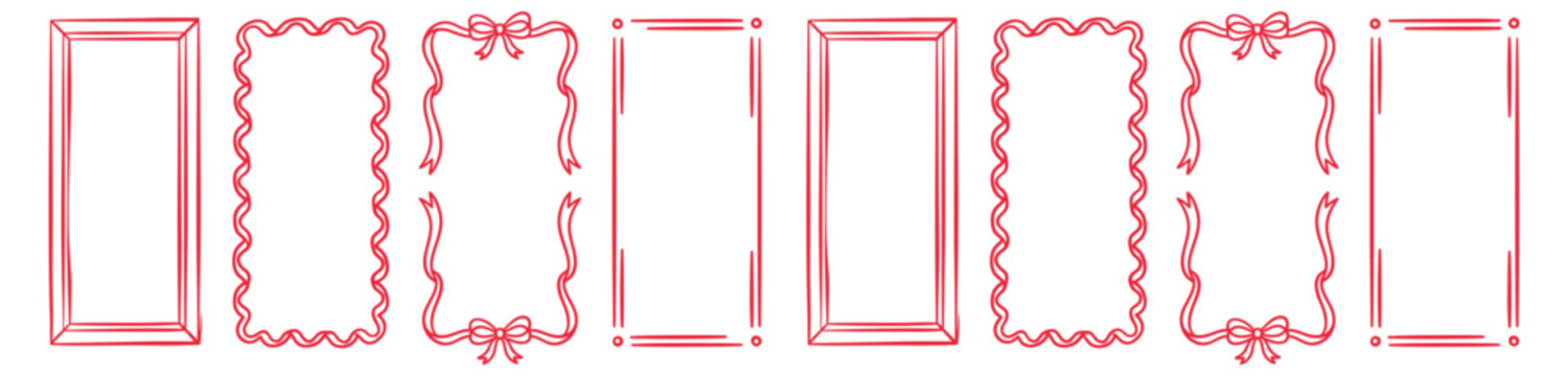 Collection of diverse red decorative frames and borders with bows and ribbons on transparent background