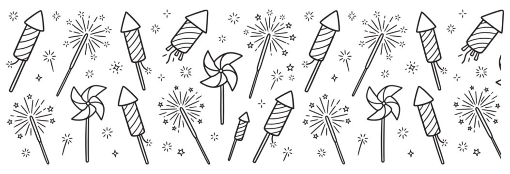 A festive collection of hand-drawn fireworks, sparklers, and pinwheels for celebrations on transparent background