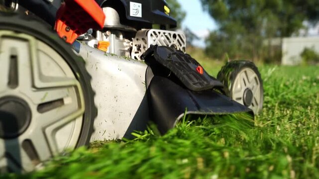 Mower glides through vibrant green grass. Blades cut grass with precision and care. Sunlight highlights mower's sturdy build. Framer captures close-up action in slow motion