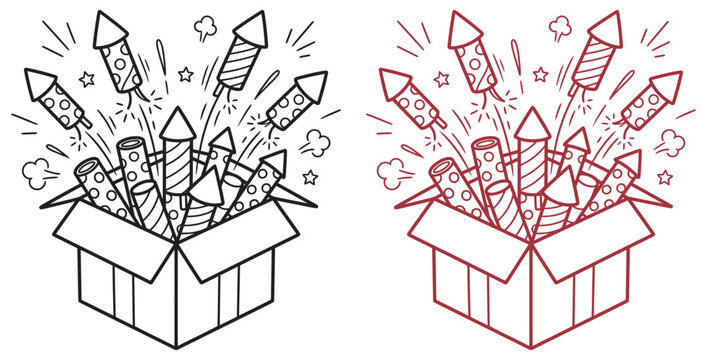 A box overflowing with colorful fireworks rockets ready to ignite a celebration on transparent background