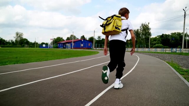 Young runner stretches before track race. Yellow backpack adds vibrant contrast. Sunlit track curves through green field. Runner moves with focused energy. Ideal for sports, fitness