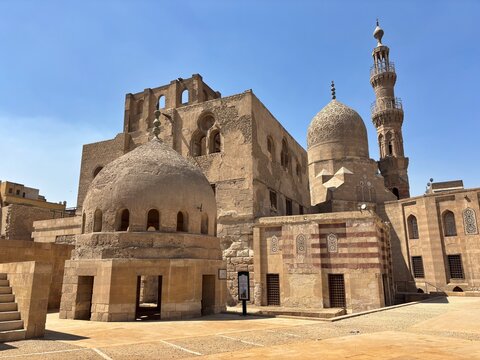 A view from the historic Amir Khayrbak Funerary Complex in Cairo, the capital of Egypt. It contains a mosque, a madrasa, and tombs. It is a Mamluk-era structure.