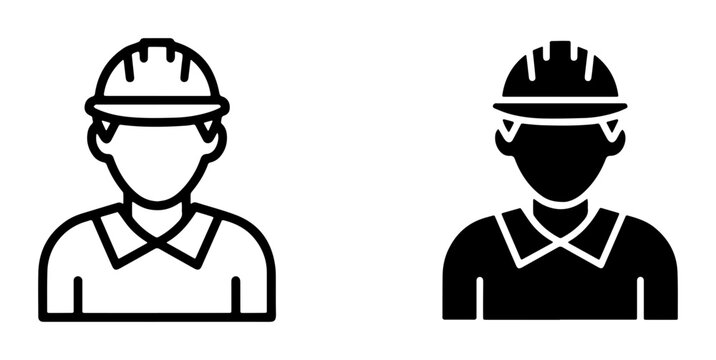 Construction Worker Icons: Outline and Silhouette, Safety Helmet, Professional Uniform, Industrial Labor, Building Industry Symbols