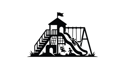 Naklejka premium Playground silhouette with children playing on swings and slide