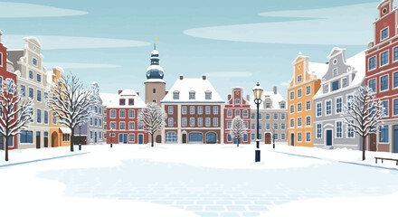 Charming European town square covered in snow, with traditional architecture and bare trees. © Ganjar