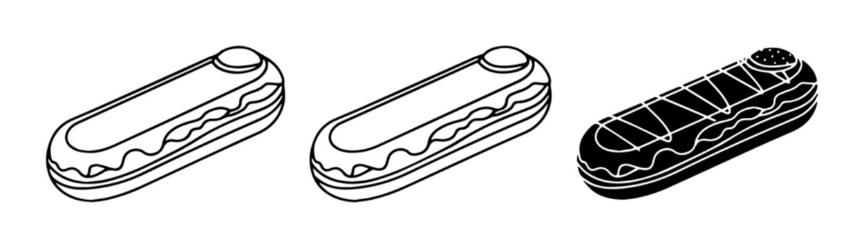 Eclair Pastry Vector Icons, Sweet Dessert Line Art, Chocolate Glaze Treat Graphics, Delicious Food Illustrations