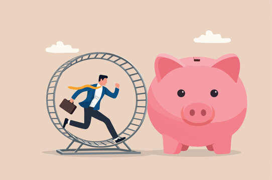 Office salary man work loop with no career path, tried fatigue of overwork, inefficient or work hard trap that never finish concept, frustrated businessman piggy in hurry running in rat race wheel.