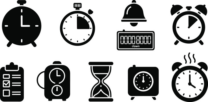 Collection of Clock, Timer, and Alarm Vector Icons Featuring Alarm Clocks, Stopwatch, Hourglass, Bell, and Digital Timer for Time Management Illustration