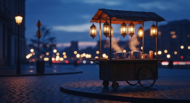 A cinematic empty food cart adorned with glowing lanterns and steaming pots resting on a cobblestone street at night, capturing a peaceful atmosphere of urban street food culture in the city.